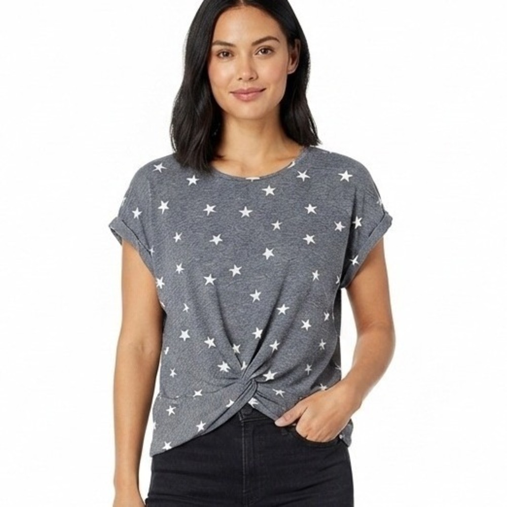Lucky Brand T-Shirt Gray Star Print Twist Front Cuffed Sleeve - L